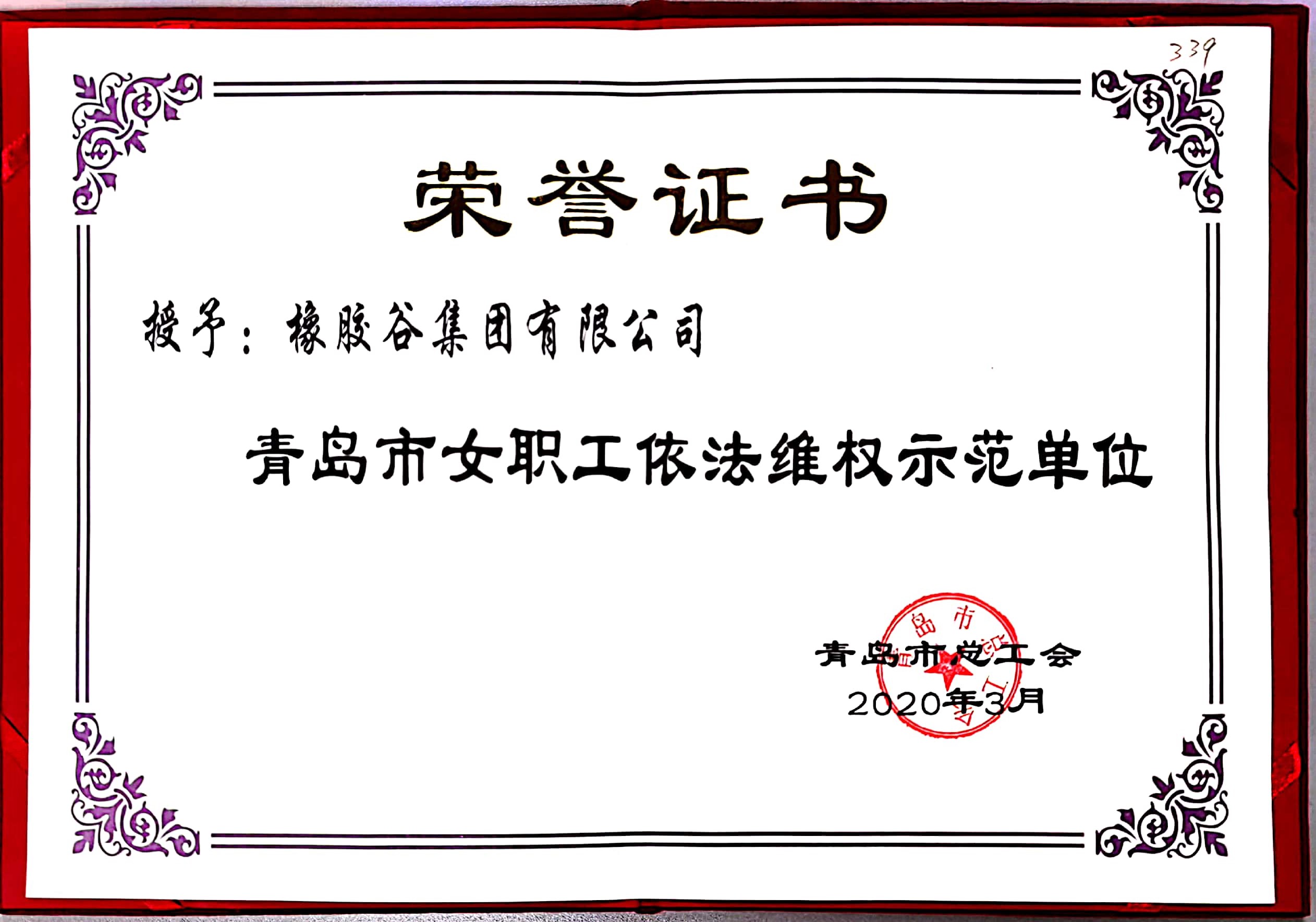 青島市女職工依法維權(quán)示范單位-橡膠谷集團(tuán)有限公司-青島市總工會-2020.3