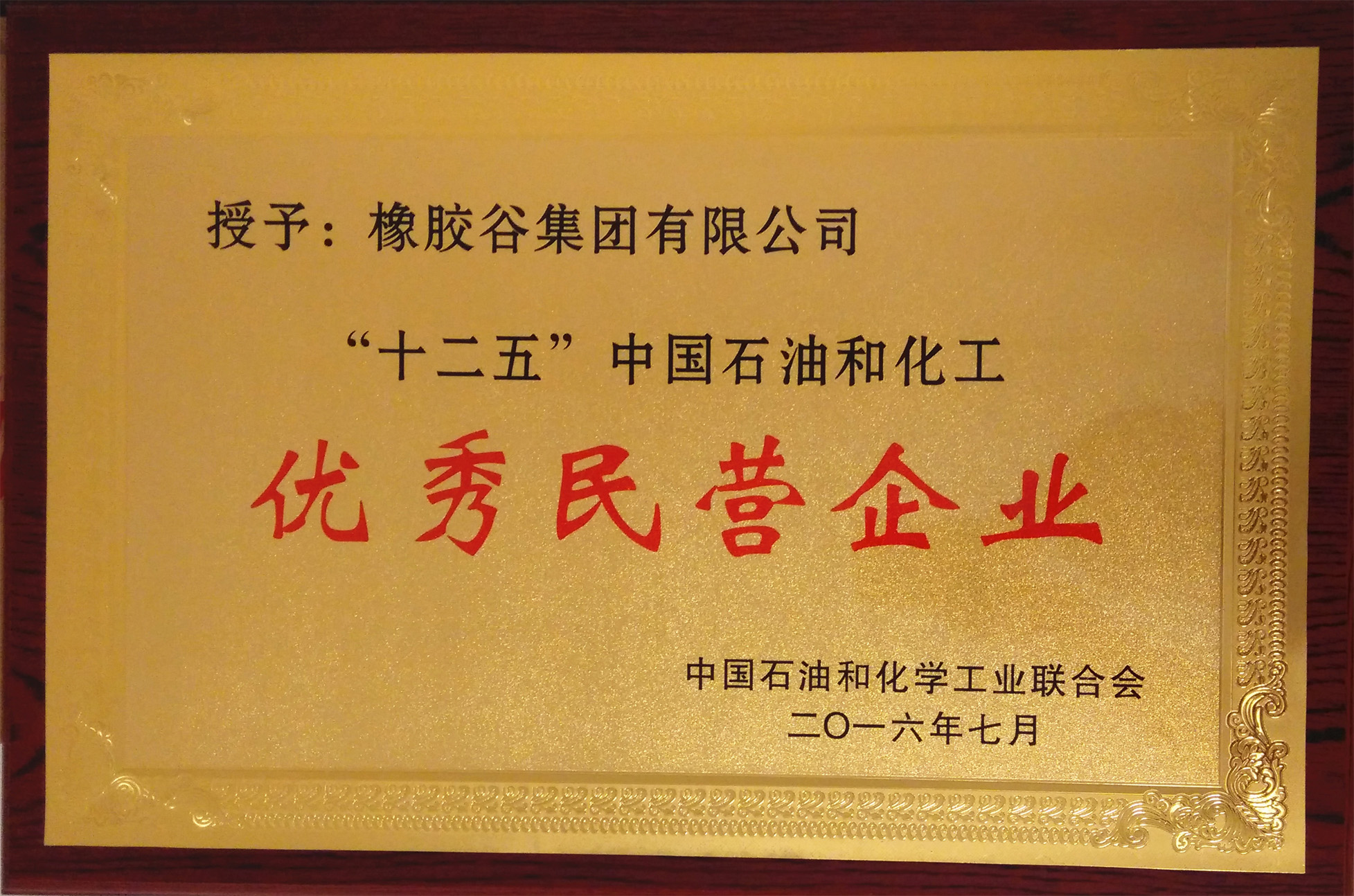 十二五”中國(guó)石油和化工優(yōu)秀民營(yíng)企業(yè)-橡膠谷集團(tuán)有限公司-中國(guó)石油和化學(xué)工業(yè)聯(lián)合會(huì)-2016.6.14