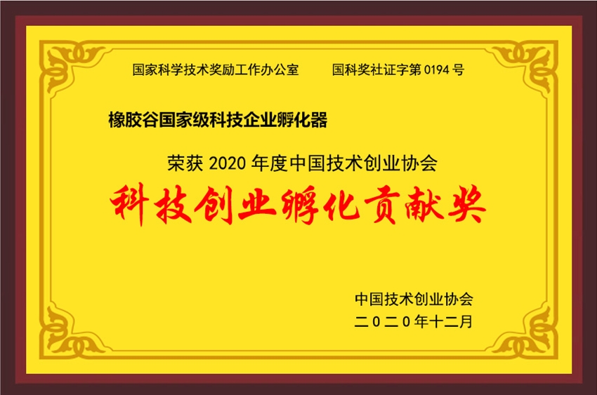 中國(guó)技術(shù)創(chuàng)業(yè)協(xié)會(huì)-2020年度科技創(chuàng)業(yè)孵化貢獻(xiàn)獎(jiǎng)-橡膠谷國(guó)家級(jí)科技企業(yè)孵化器-2020.12